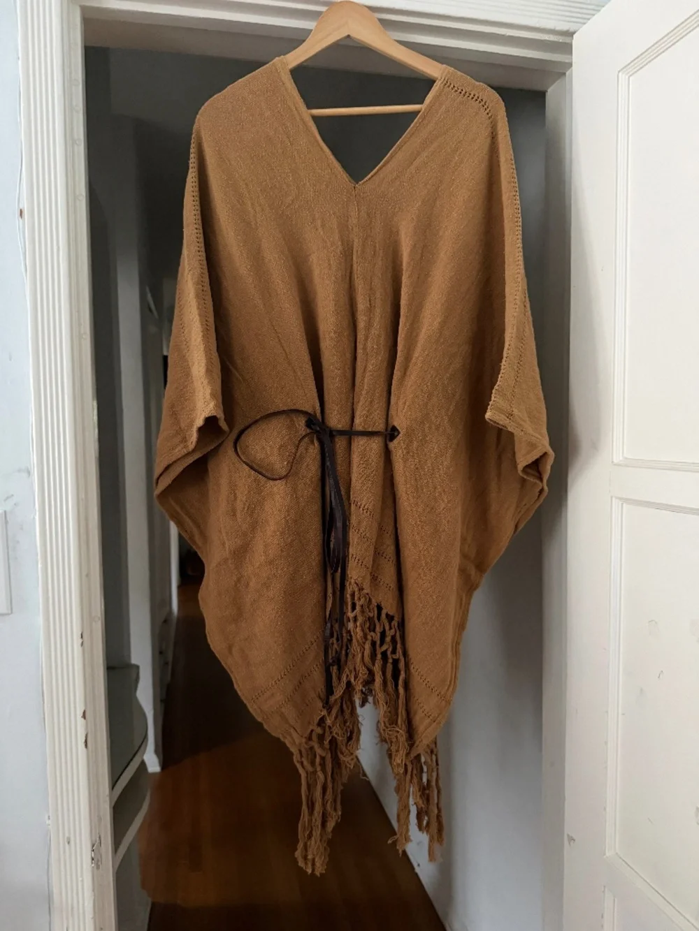 Caravana Brown Handwoven Fringe Kaftan Poncho Leather Belt One Size